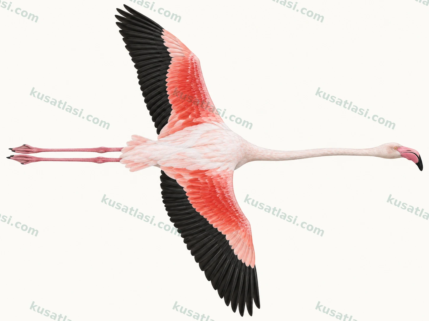 Büyük Flamingonun üstten siyah uçuş telekleri ve kızıl-pembe örtüleri