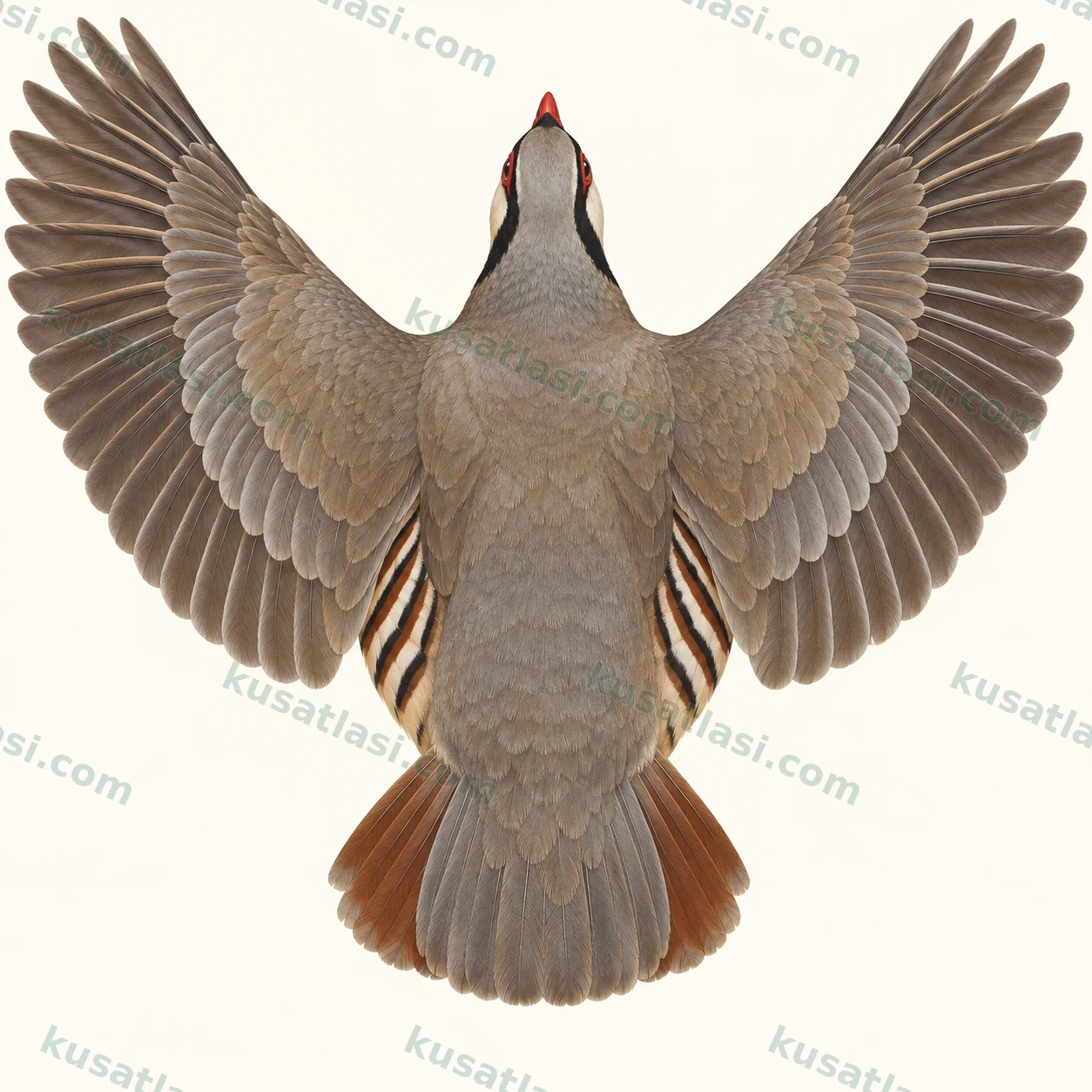 Kınalı Kekliğin üstten geniş yuvarlak kanatlı ve kestane dış kuyruklu kısa uçuşu